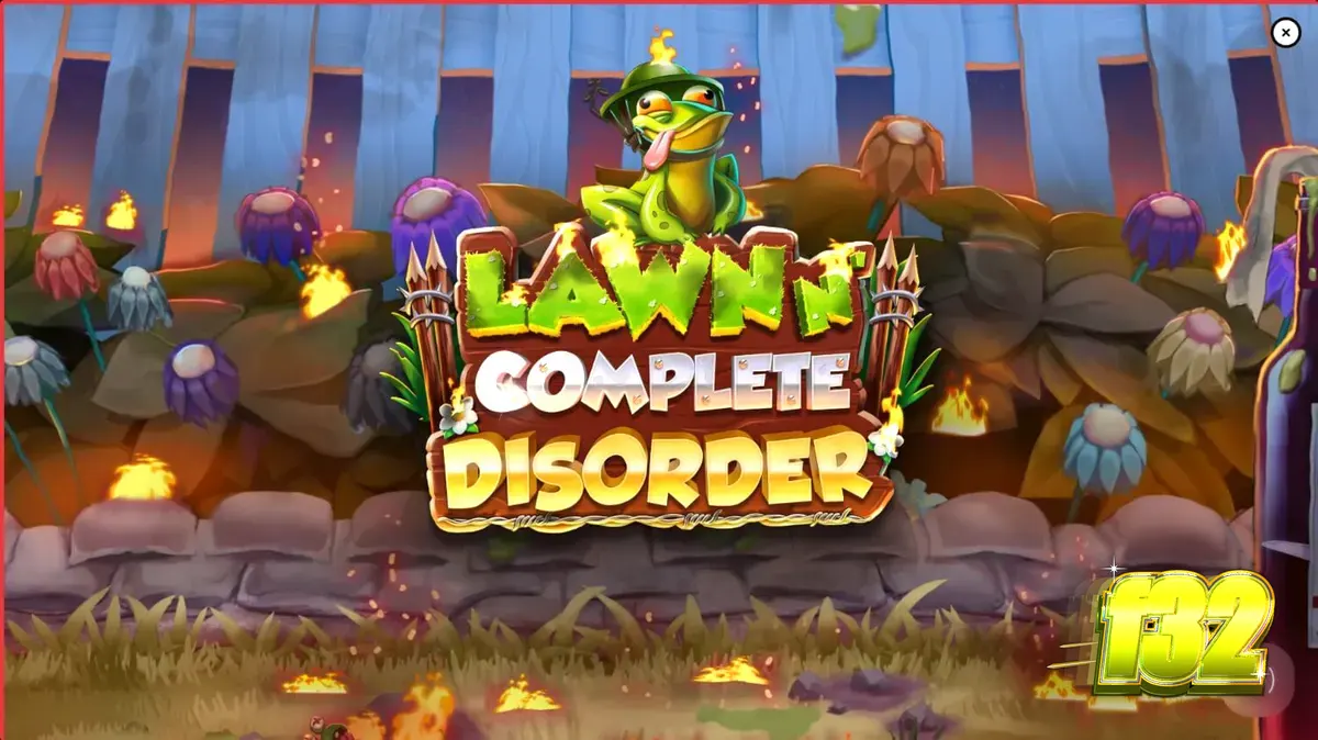 Tampilan visual slot Lawn N’ Complete Disorder dengan latar belakang taman yang terbakar dan gnome yang membawa gerobak emas.
